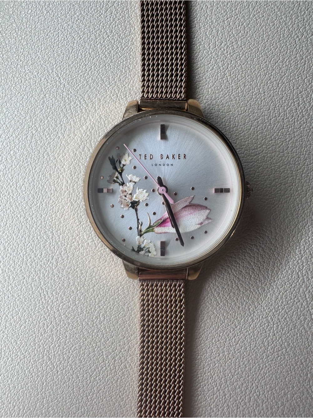 Ted Baker Rose Gold Mesh Floral Dial Watch with Pink Accents